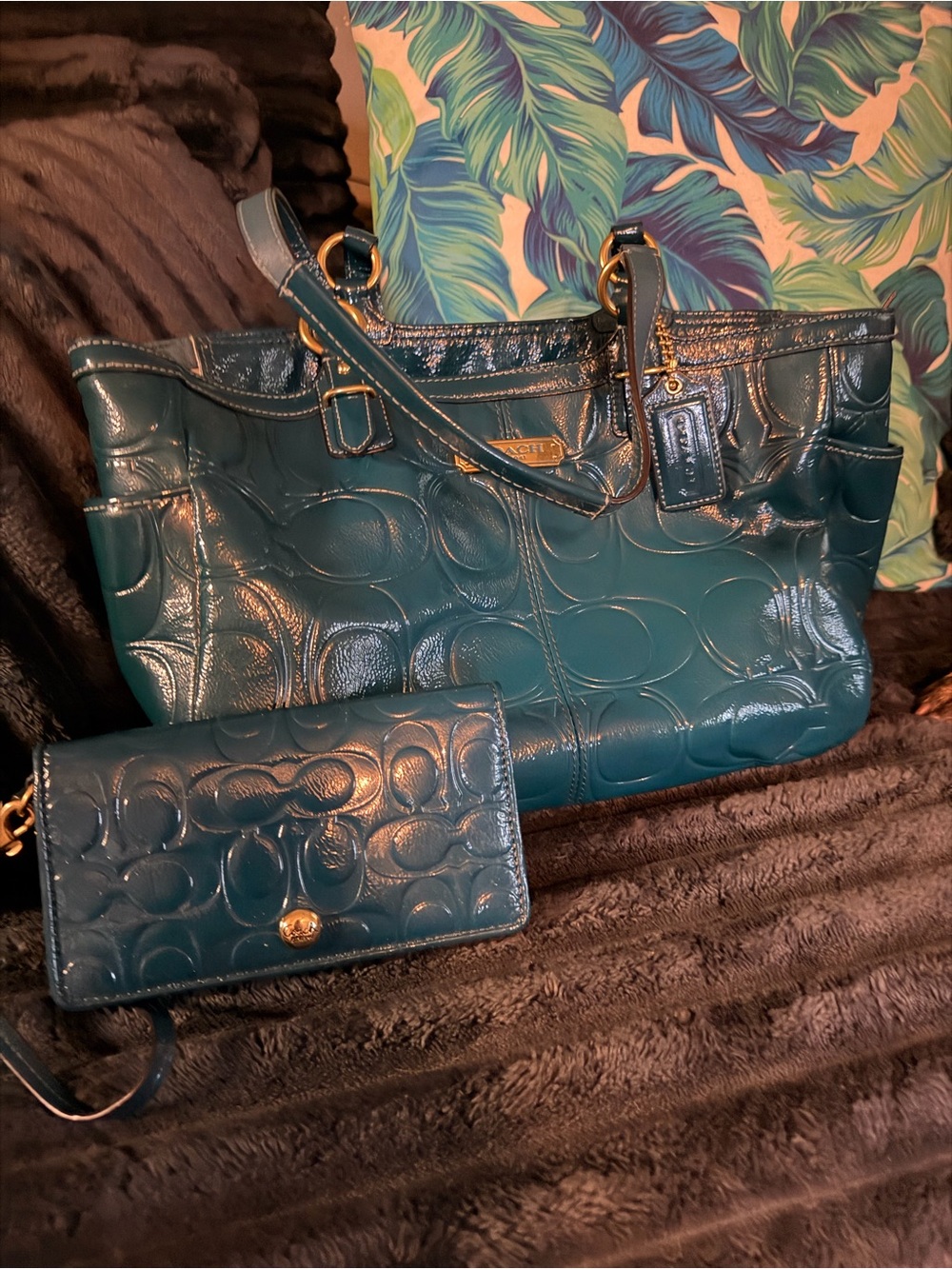Coach Teal Patent Signature Tote with Matching Wristlet